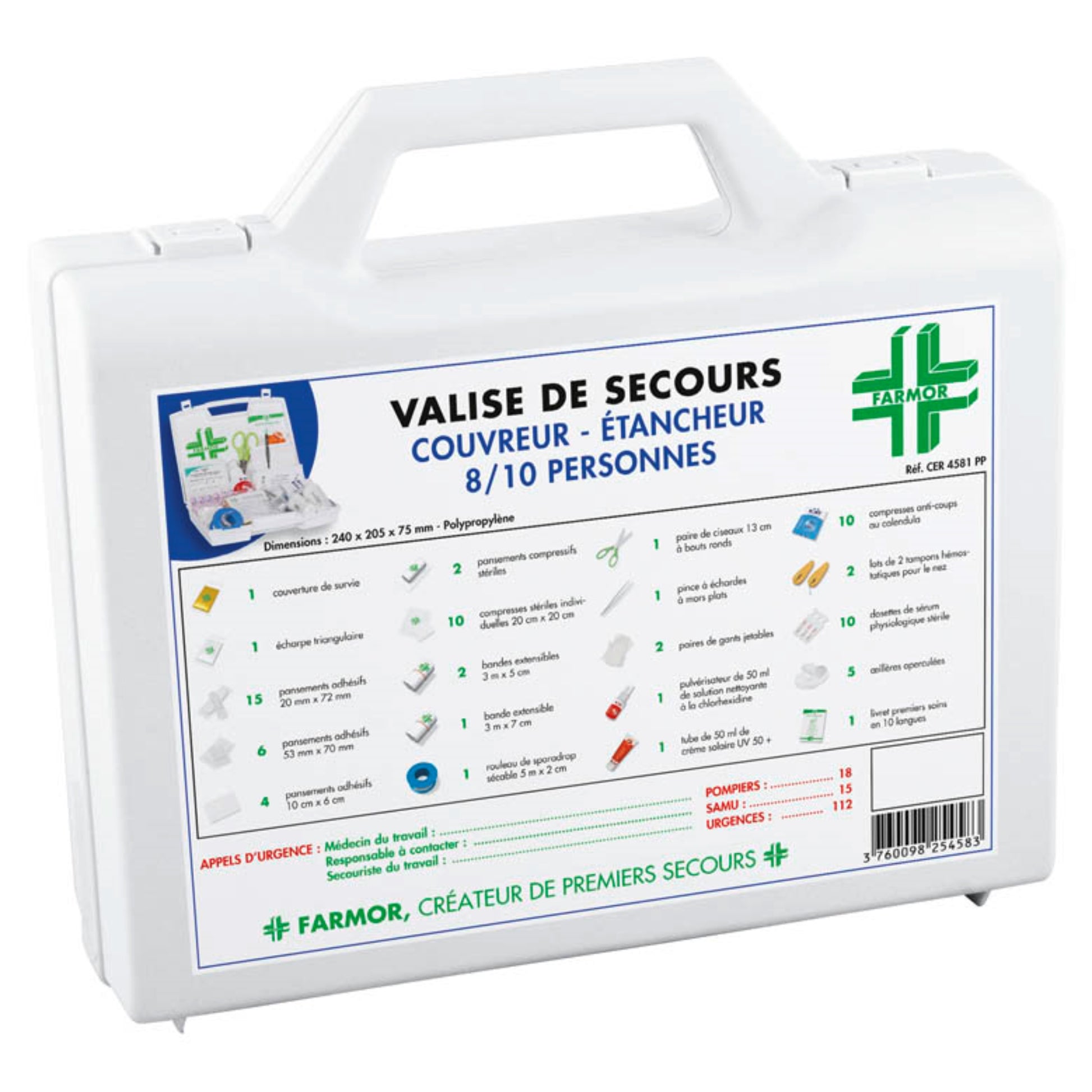 Valise de secours  Couvreur & Etancheur  8/10 personnes  PROTECTION & SECURITE, Valise de secours FARMOR RANGESTOCK